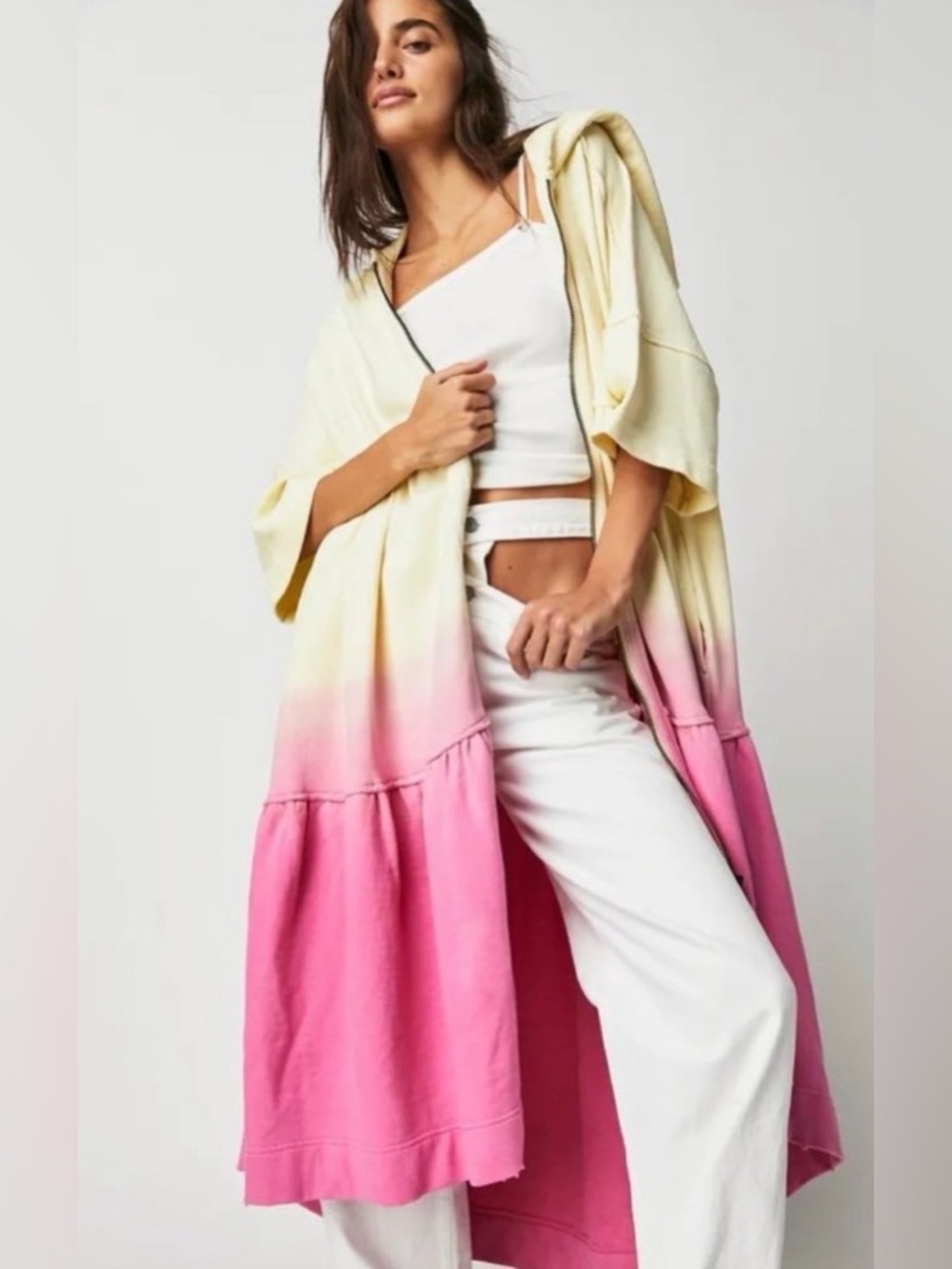 Free People Molly Oversized Zip Up Hooded Cardi in Garden Glade Ombre